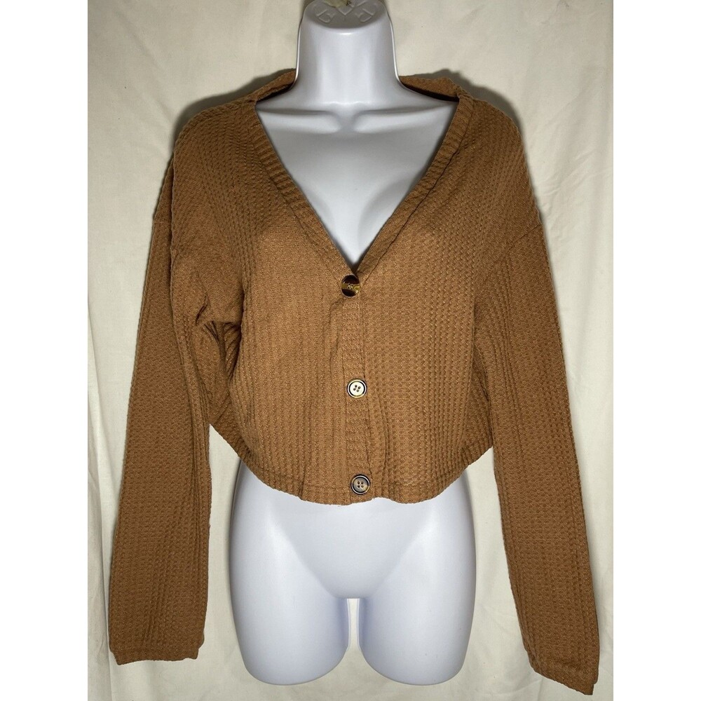 ROMWE Brown Waffle Knit Cropped Cardigan Sweater Women's Size L Large Boho Cozy